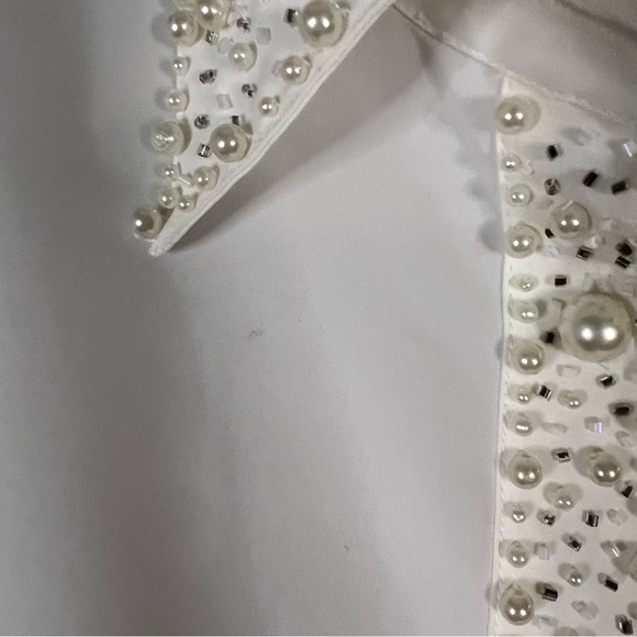 Vintage White Pearl Embellished Collar Sheer Long Sleeve Button Up Size Medium - Picture 9 of 16